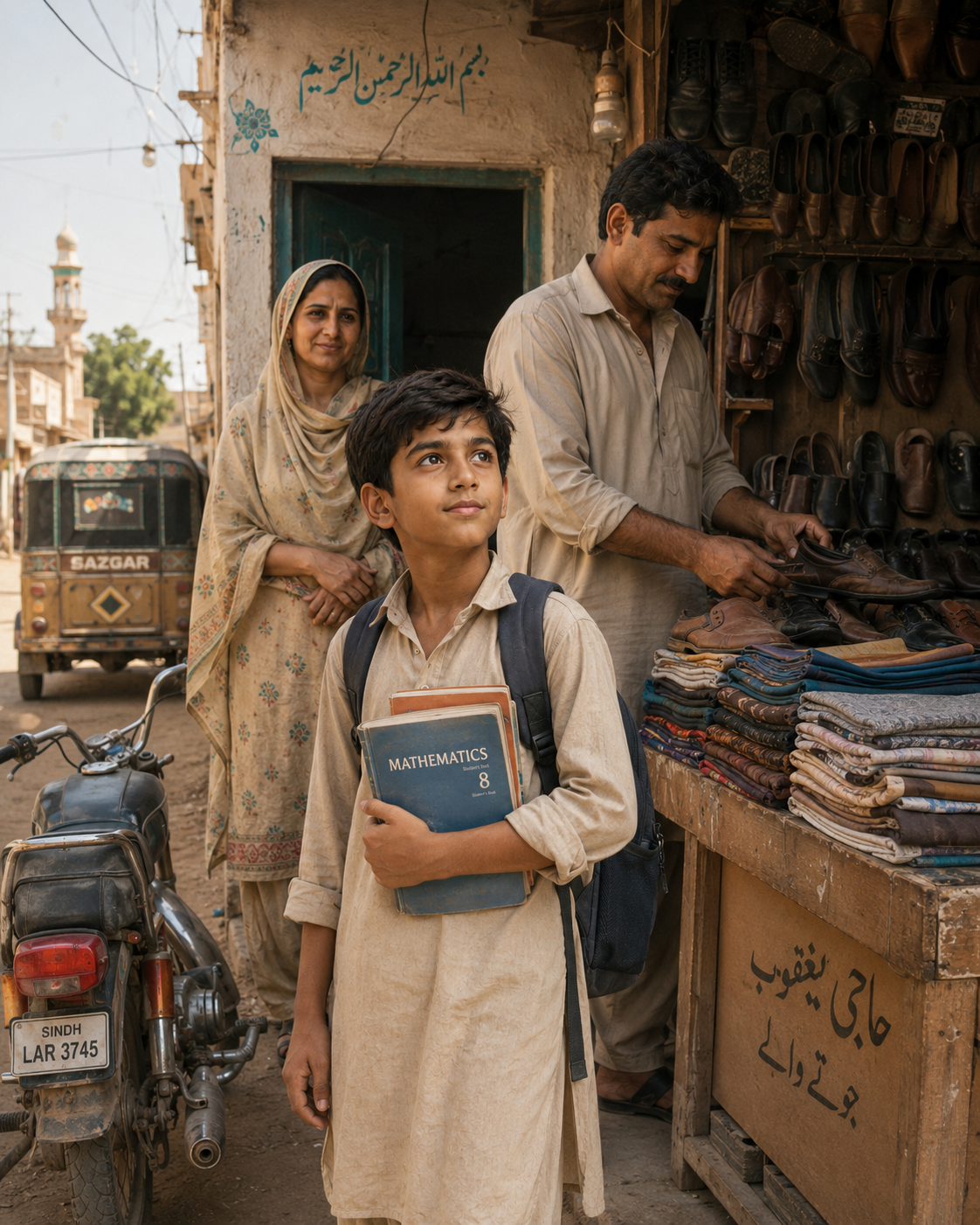 Conceptual illustration of a schoolboy with books outside his father's small shop in Sindh