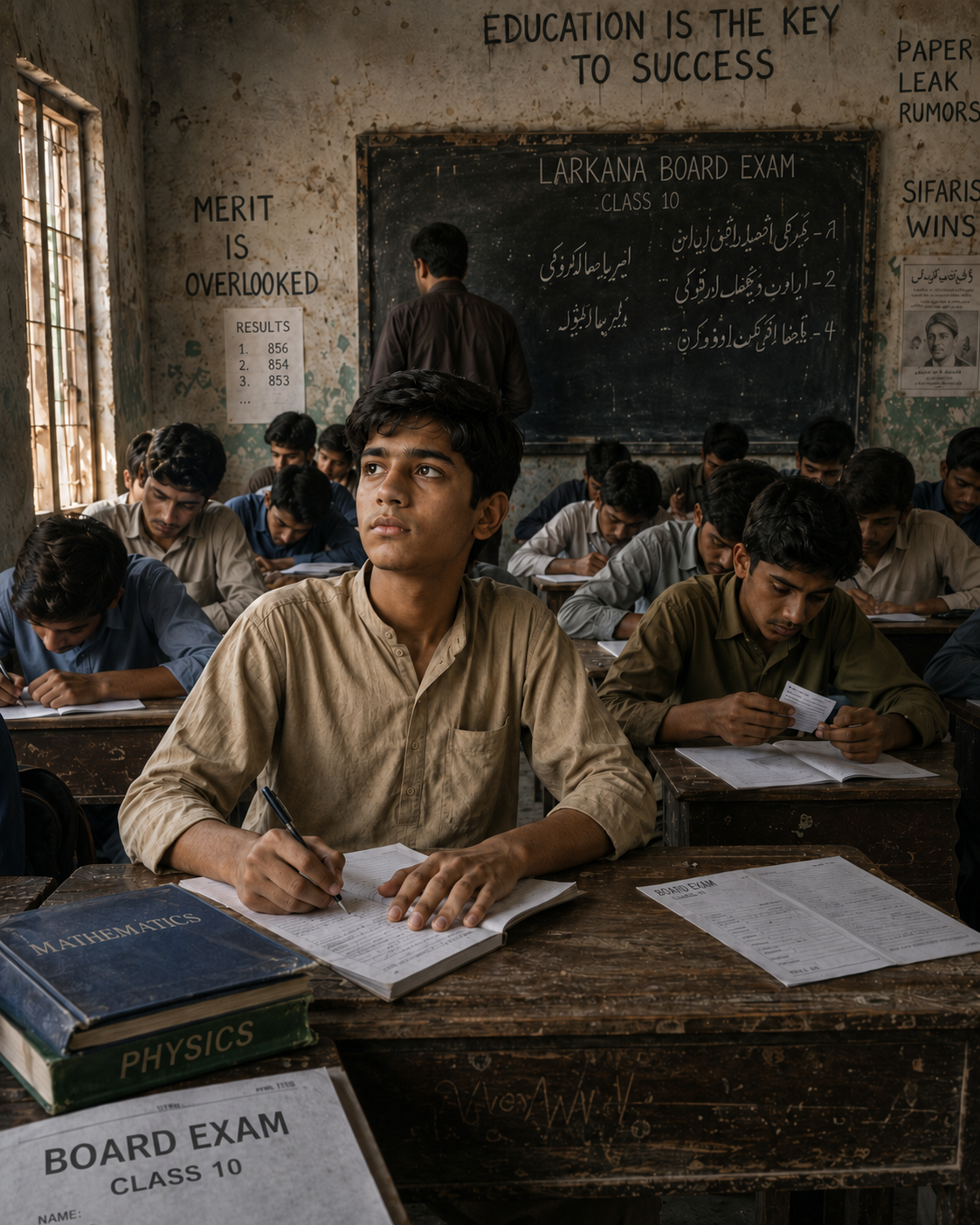 Conceptual illustration of a focused student taking an exam in a worn village classroom