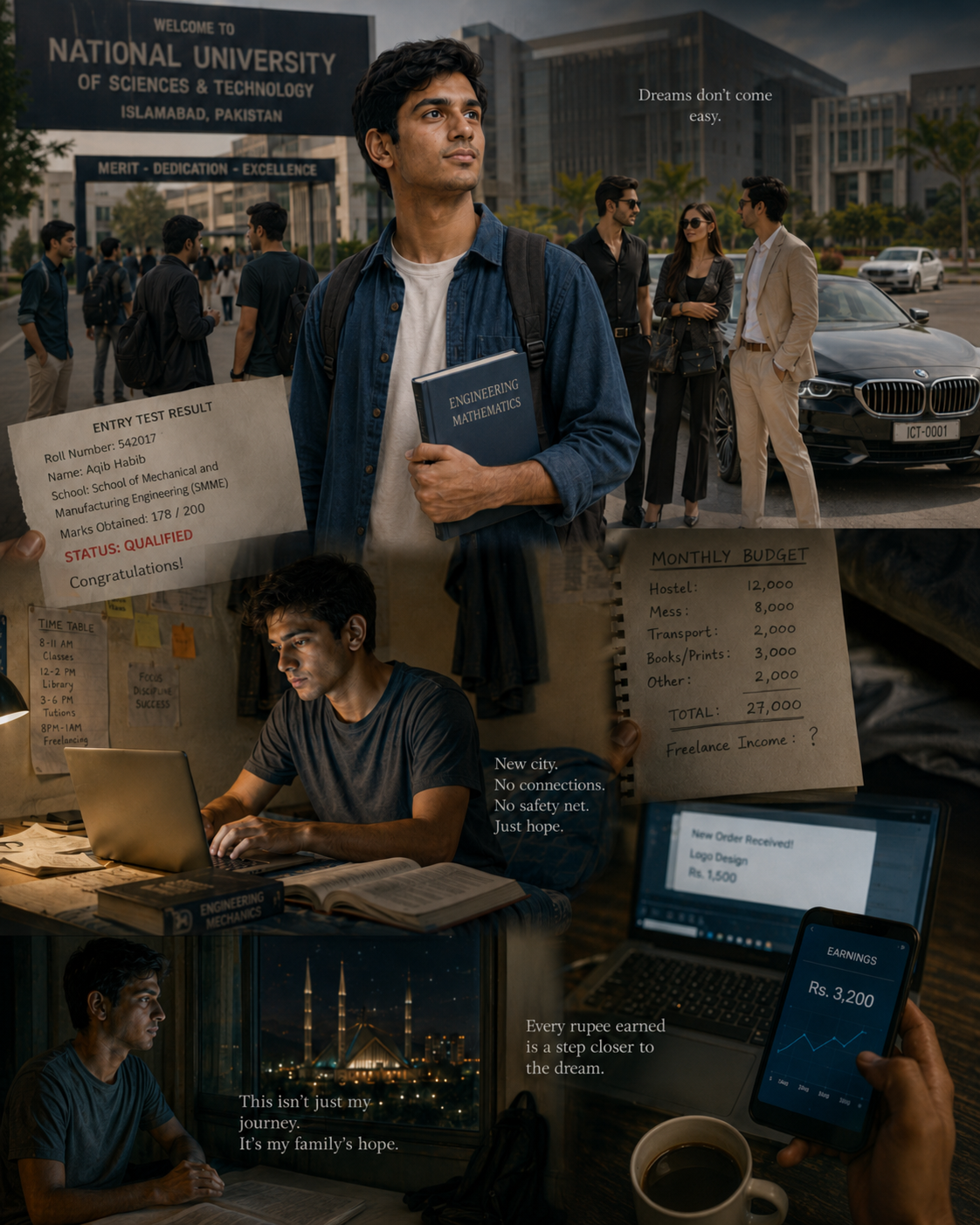 Conceptual illustration of a new NUST student and his late-night freelance work
