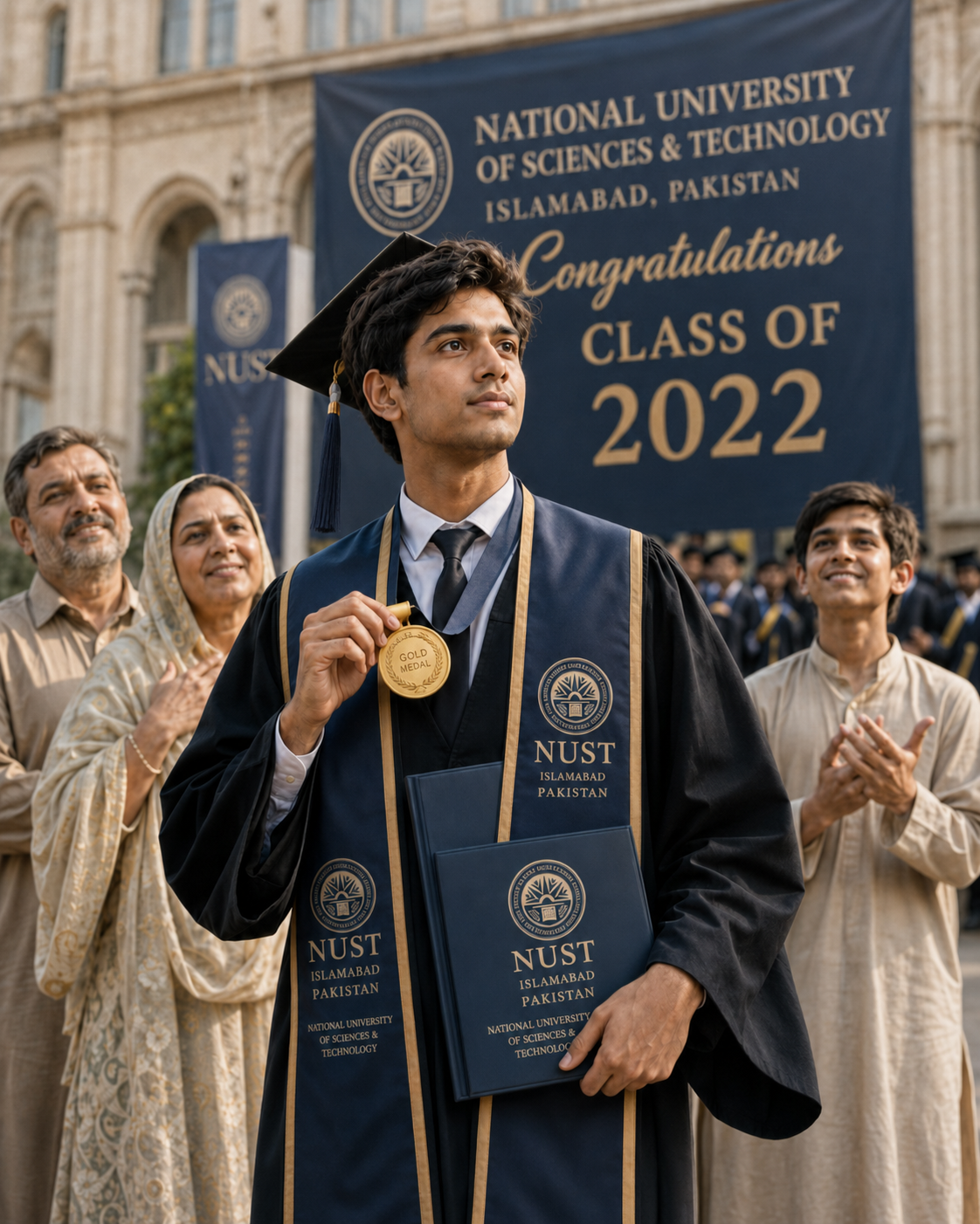 Conceptual illustration of a NUST graduate holding a gold medal with his family behind him