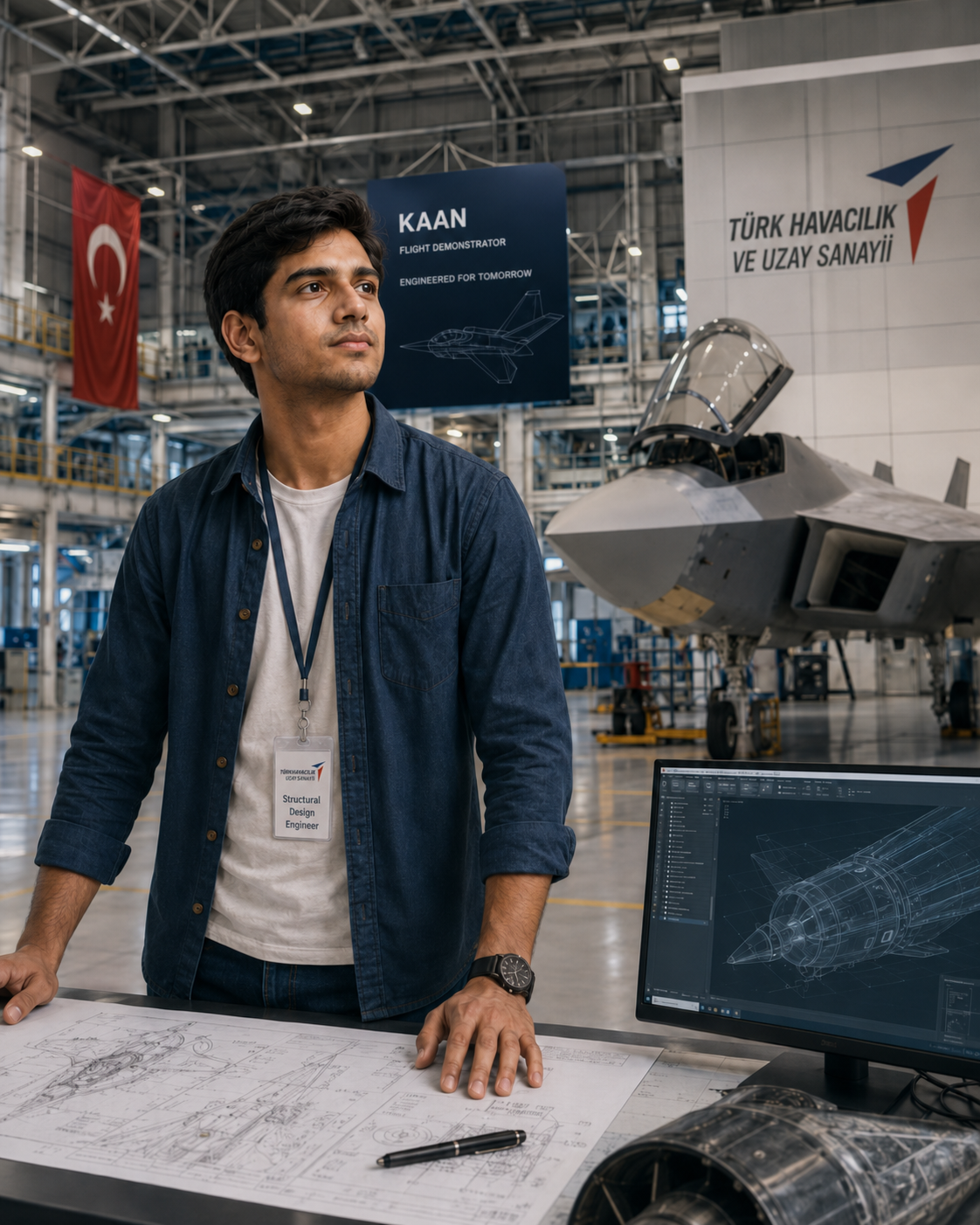 Conceptual illustration of a young structural design engineer working in an aircraft hangar