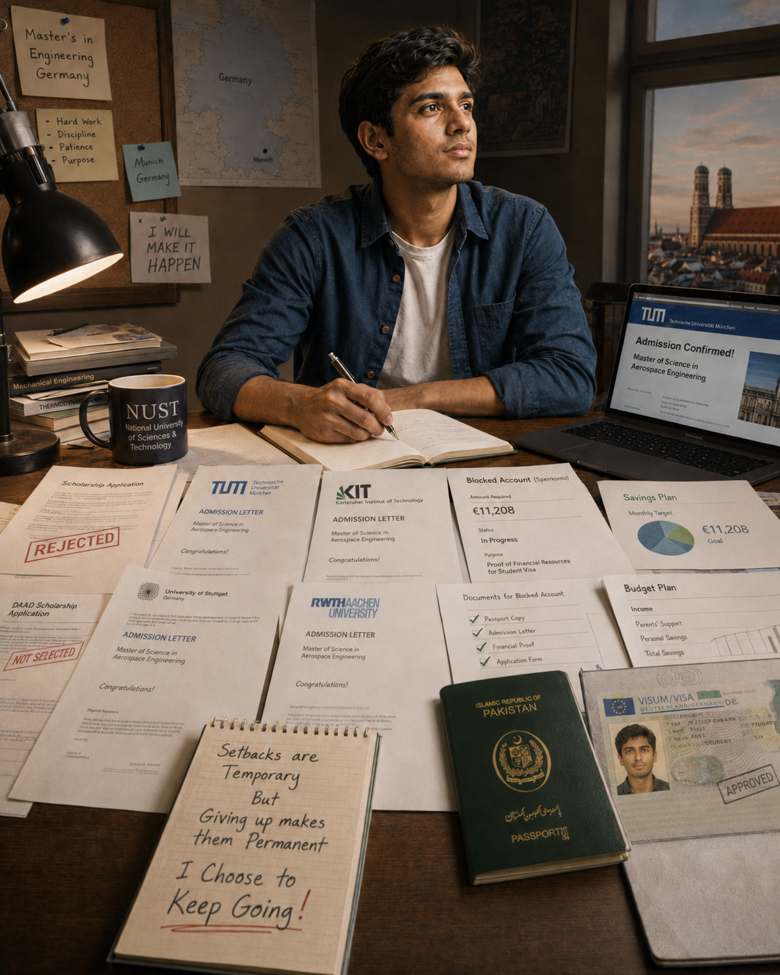 Conceptual illustration of admission letters, financial documents, a Pakistani passport and German student visa