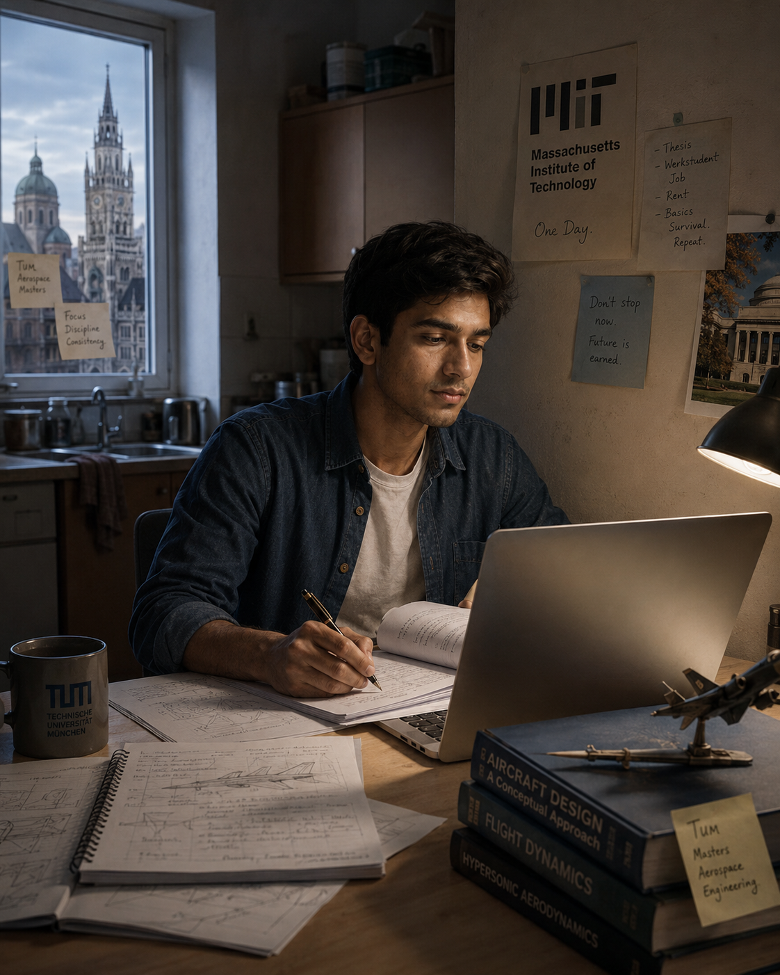 Conceptual illustration of a TUM aerospace master's student studying late in a small Munich room