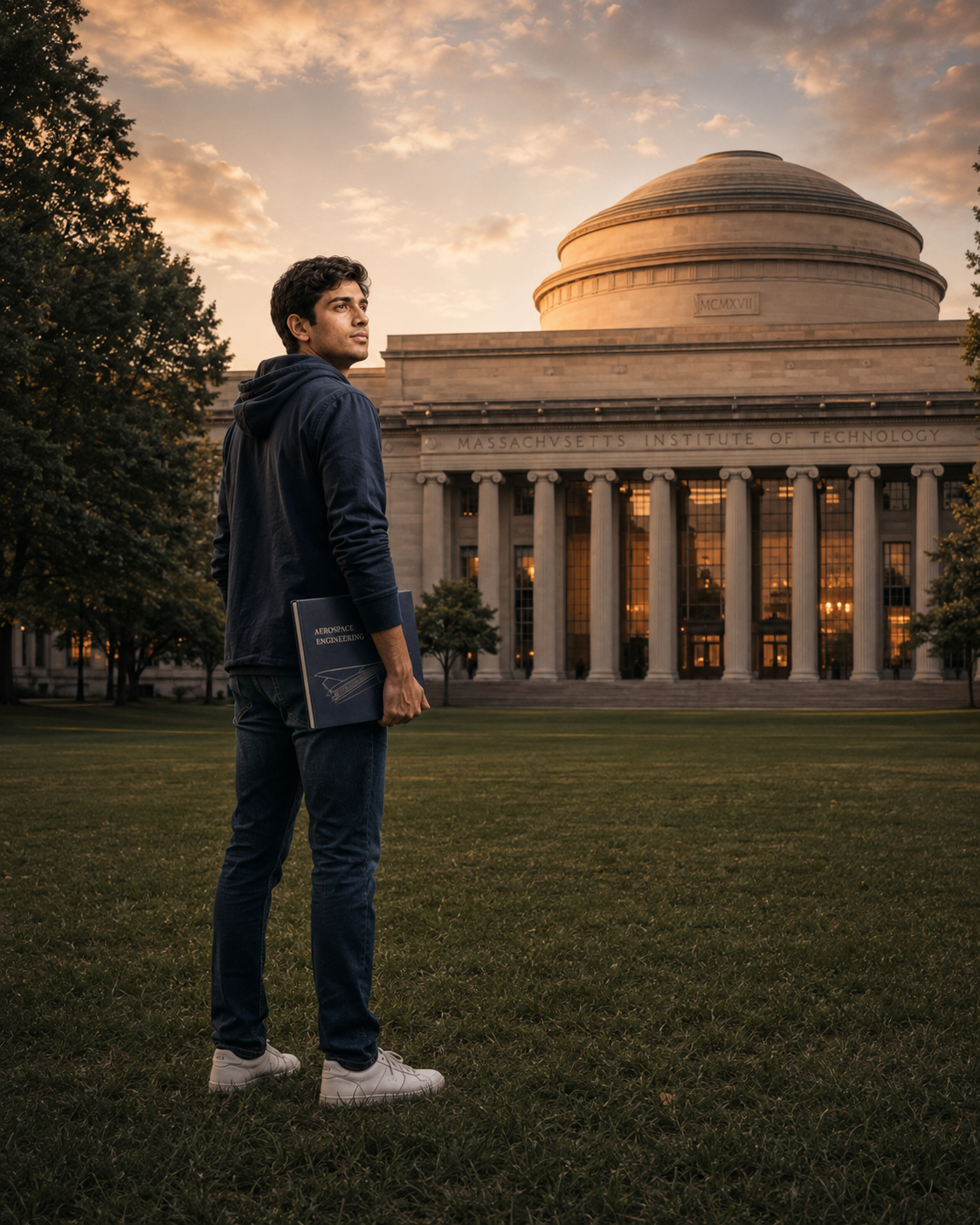 Conceptual illustration of Aqib standing in front of MIT with an aerospace engineering book